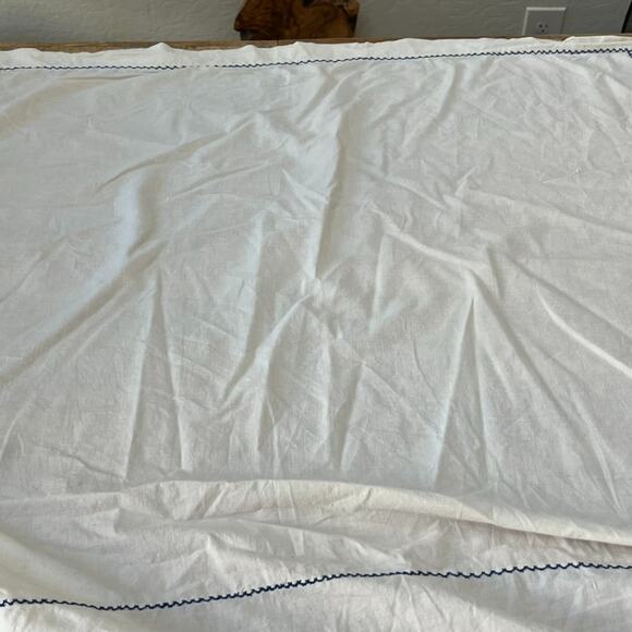 Vintage Off White Tablecloth Blue Stitching 69"x 71.5" - Picture 6 of 14